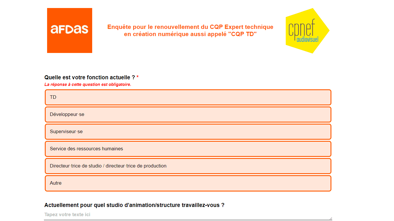 Enquête : renouvellement du CQP Expert technique en création numérique